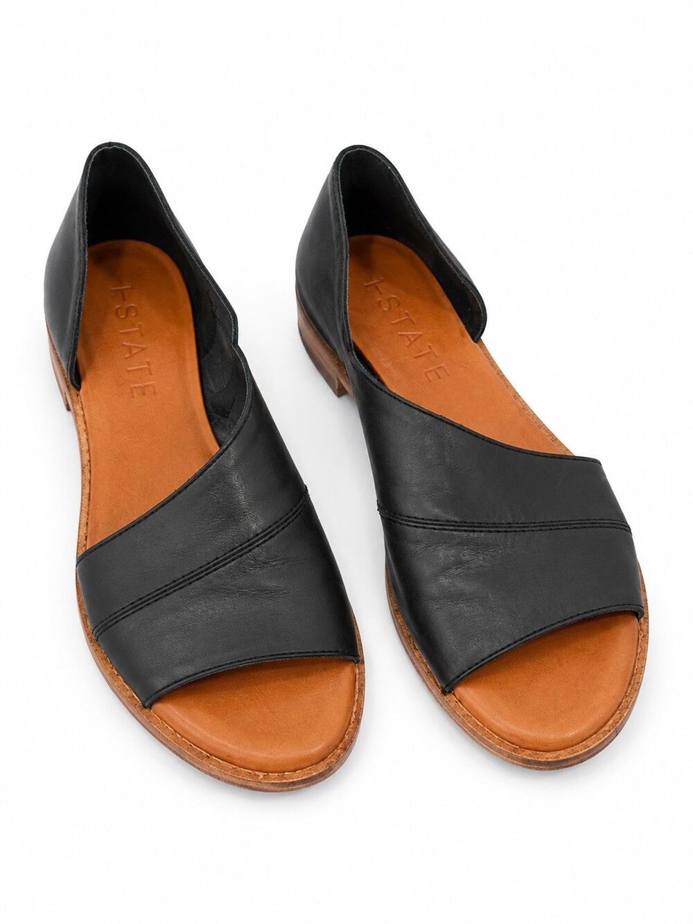 1.State Shoes Sandals Womens Size 7.5 Black Leather Celvin Open Toe Slip On